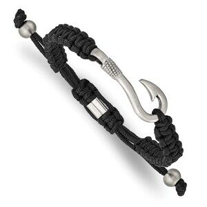 Kazi Luxury Steel Brushed Fishing Hook Black Nylon Adjustable Bracelet